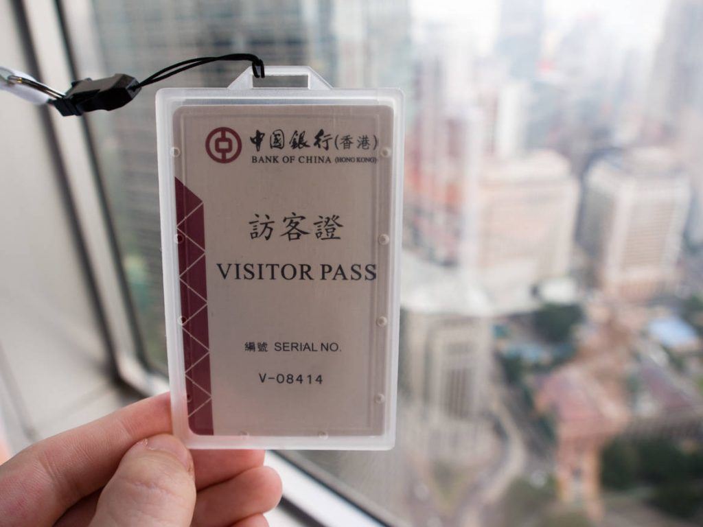 Visitor Pass Bank of China Tower in Hongkong